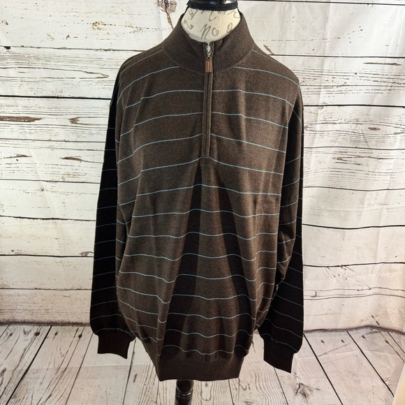 Peter Millar Merino Wool ¼ Zip Sweater Chocolate Brown/Blue Stripe XL